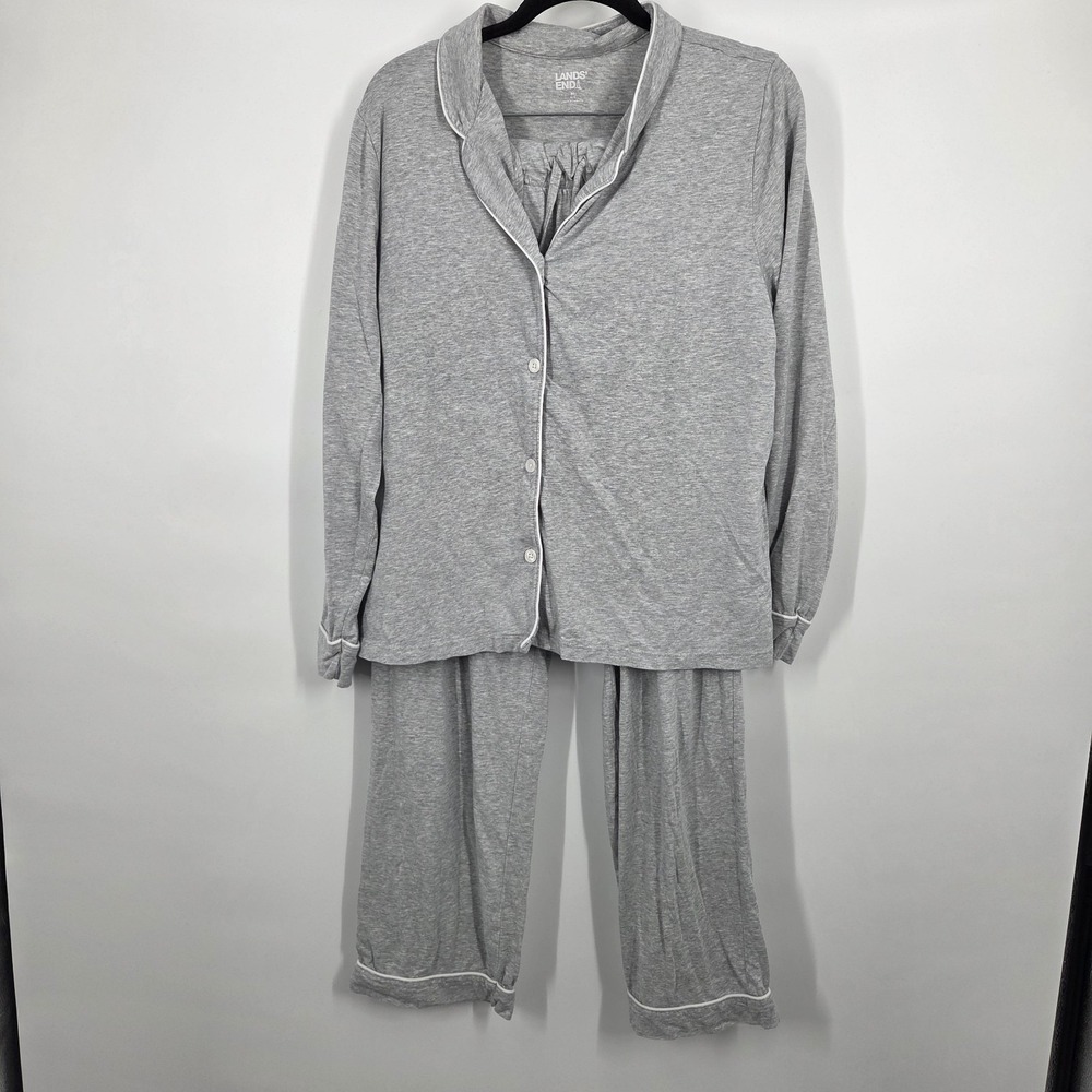 Lands End Womens M 10-12 Comfort Jersey Knit Pajamas Top + Pants Gray Set - Picture 1 of 8